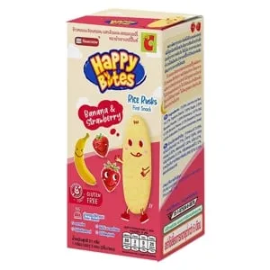 นำเชาแฮปปี้ไบท์ ข้าวหอมมะลิอบกรอบ รสกล้วยและสตรอว์เบอร์รี่ สำหรับเด็กอายุ 6 เดือนขึ้นไป 21 ก.